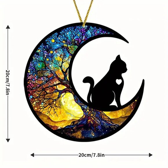 Black Cat Suncatcher Cresent Moon Tree Life Hanging Decor Colorful In/Outdoor - Picture 2 of 3